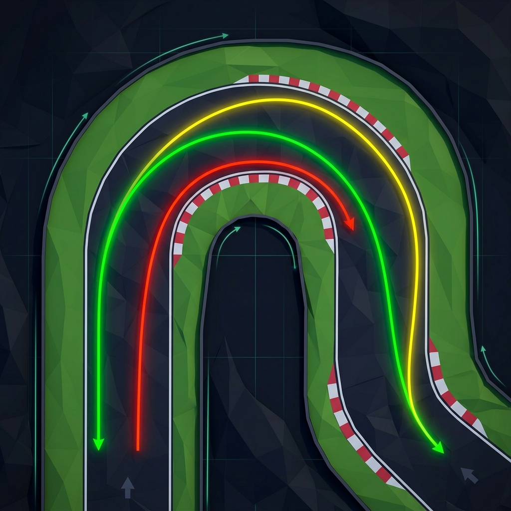 The optimal racing line through a corner — green line shows Out-In-Out approach